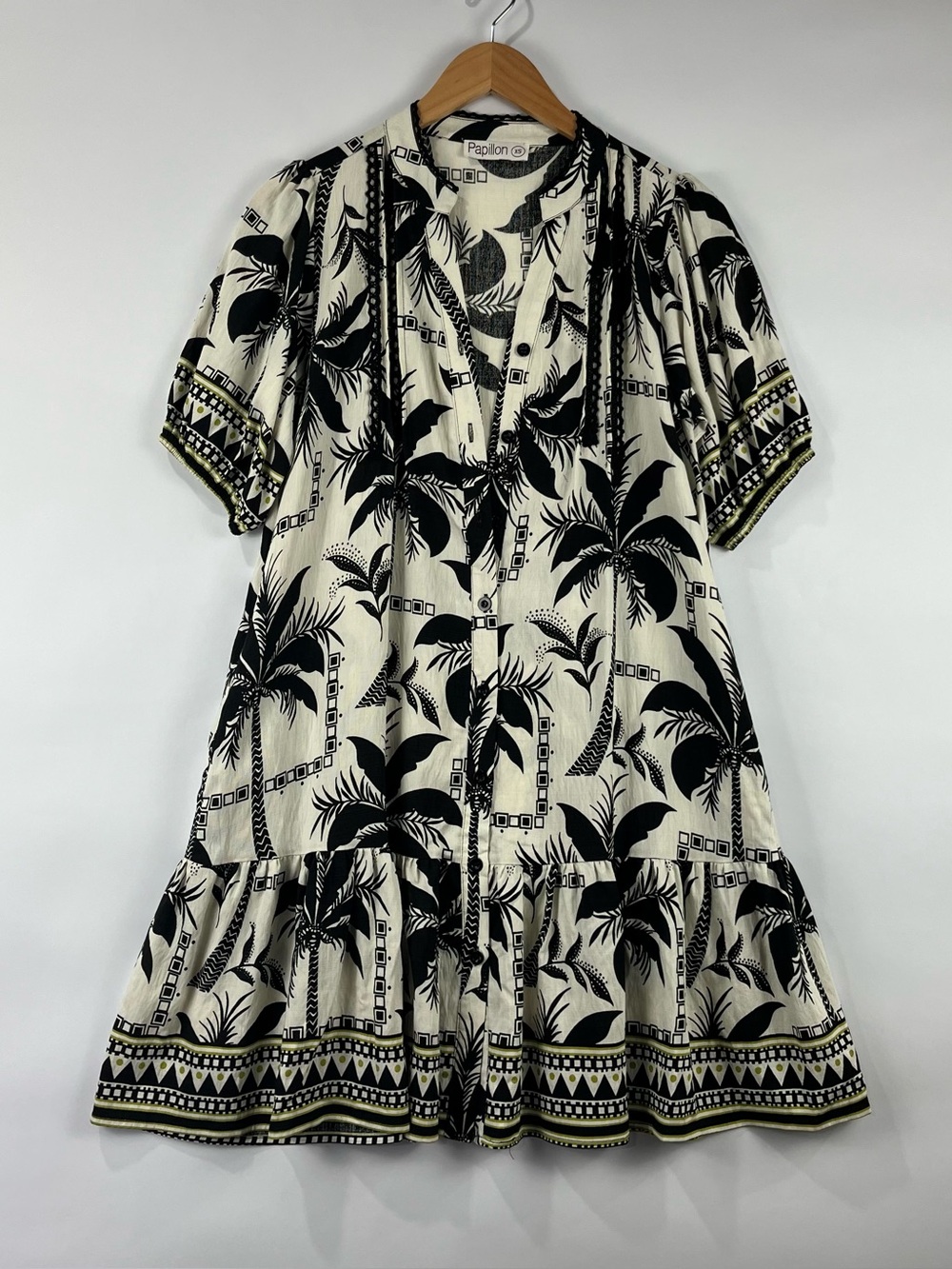 Papillon Boho Tropical Button Front Puff Sleeve Dress Pockets NWOT